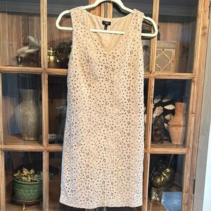 Talbots Women 4 Petite Khaki V-Neck Eyelet Dress Cotton